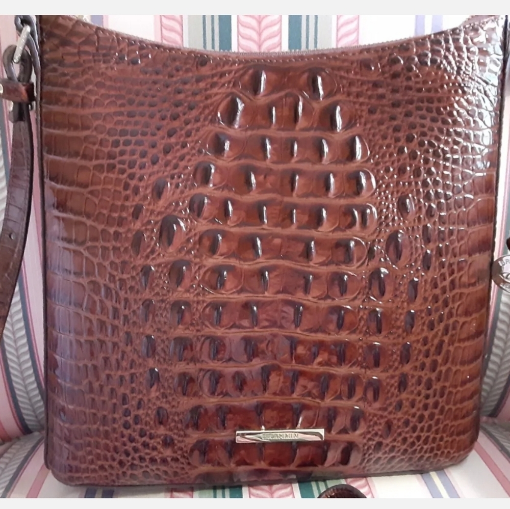 Brahmin Katie Crossbody Pecan Melbourne Embossed Croc Genuine Leather Gold Brown